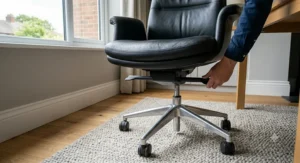 Sleek black leather office chair positioned in a contemporary corporate boardroom in London, showing a professional and minimalist design.