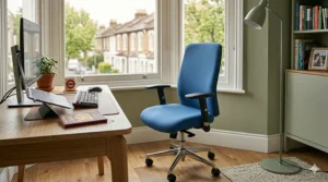 Close-up view of the pneumatic height adjustment lever and gas lift mechanism on a dark blue office chair.