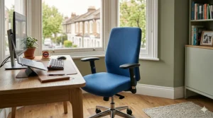 An illustration highlighting the ergonomic lumbar support and adjustable backrest of a royal blue office chair.