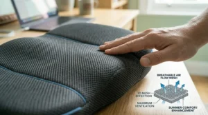 A graphic detailing the 3D breathable mesh cover of an office seat cushion, designed for seated comfort enhancement during hot summer spells or humid UK afternoons.