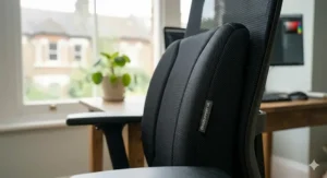 Side profile close-up highlighting the breathable 3D mesh fabric cover and the Ergosupport UK brand label on the side of the lumbar cushion.