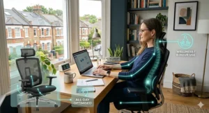 Illustration of a comfortable, breathable office chair optimised for all-day hybrid working and hot-desking.