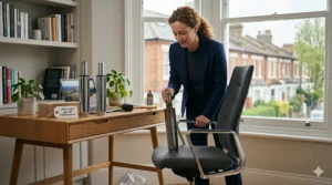 A woman inspecting a faulty office chair in her home office, with two brand-new replacement gas struts and a mallet laid out on the wooden desk.