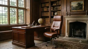 Classic brown leather swivel chair styled next to an oak desk in a traditional British study.