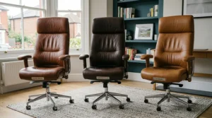 Three colour options for the leather office chair ranging from light tan to dark chestnut brown.