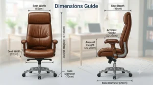 Dimension guide diagram showing the height and width measurements of the brown leather office chair in centimetres.