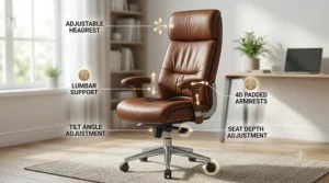Close-up showing the adjustable lumbar support and ergonomic controls of a brown leather desk chair.