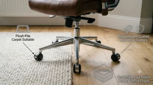 Five-star aluminium swivel base and hoodless castors of a brown leather computer chair.
