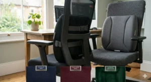 Two office chairs displaying the black and charcoal grey versions of the Ergosupport UK cushion, with fabric swatches below for Cove Blue Mesh, York Cherry Wool, and Richmond Green Mesh.
