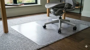Alt text for image 2: A close-up view focusing on the clear chair mat on the grey carpet, showing how the ergonomic office chair casters glide over its surface, protecting the pile.