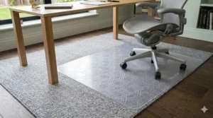 Alt text for image 4: A detail shot of the light oak desk corner, showing the open grey notepad and small Union Jack pin, with the textured clear mat visible on the grey carpet below.