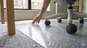 Alt text for image 9: A low-angle, family-focused photo in the UK home office, showing a child's hand near the chair mat on the grey carpet, with a retro red Mini Cooper toy car resting beside the clear mat's edge.