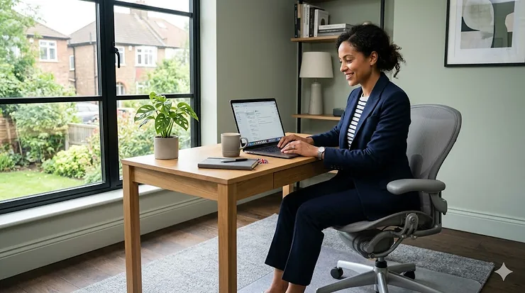 Alt text for image 1: A professional British woman, of mixed heritage, sits in an ergonomic office chair on a clear chair mat at an oak desk, working on her MacBook Pro in a well-lit home study overlooking a garden. clear chair mat