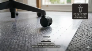 A close-up photograph of a single black caster wheel on a grey ergonomic office chair, gliding effortlessly on a clear transparent plastic mat with a studded surface, which is laid over a grey textured carpet.