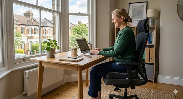 An ergonomic memory foam coccyx cushion for an office chair, positioned on a modern fabric desk chair in a bright UK home office. coccyx cushion for office chair