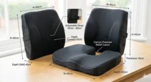U-shaped coccyx cutout illustration demonstrating tailbone and sciatica pressure relief on an office chair.