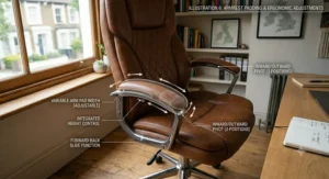 A close-up view of the chair's padded tan armrest, with technical arrows and text overlay detailing the integrated height control, width adjustment, and forward-back slide functions.