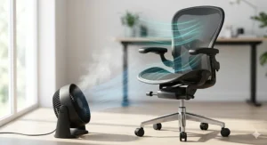 Infographic illustrating heat dissipation and temperature regulation on a cooling mesh office chair.