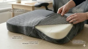 A side view graphic illustration demonstrating improved sitting posture at a desk when using an orthopaedic memory foam cushion.