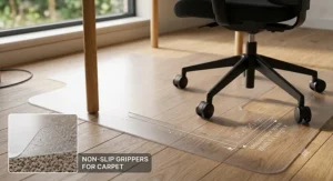 Person rolling an office chair smoothly across a textured chair mat surface.