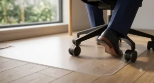Sustainable office chair mat made from recycled materials in a modern office.