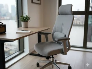 Close-up of an ergonomic grey office chair highlighting the adjustable lumbar support and contoured seat cushion.