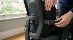 Detailed close-up view of a person adjusting an Ergosupport UK memory foam lumbar cushion strapped to a mesh desk chair.