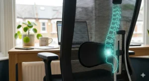 Diagram highlighting adjustable lumbar support on a breathable office chair for improved sitting posture.