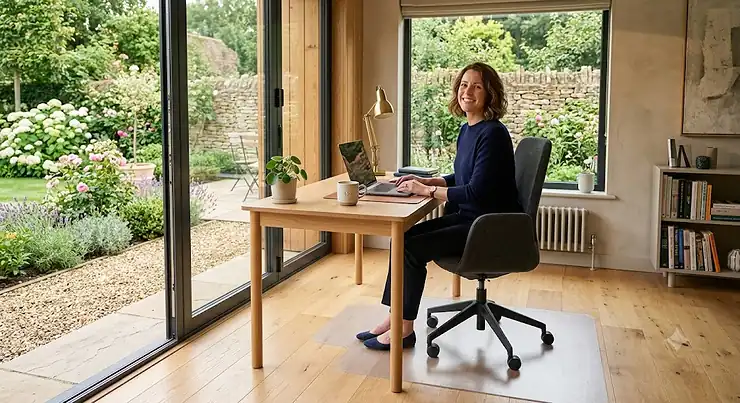Ergonomic office chair mat placed on wooden flooring in a home workspace. office chair mat
