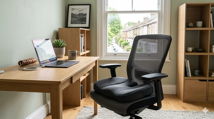 An ergonomic office chair seat cushion placed on a mesh desk chair within a bright British home office setup, highlighting pressure relief cushioning for remote workers.