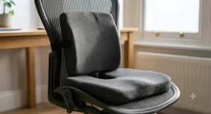 Graphic illustration showing how an ergonomic seat cushion and back support improve spine alignment and sitting posture.