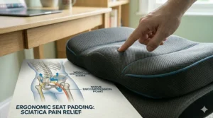 A medical-style illustration of the lower back and pelvis, showing how an orthopaedic office chair seat cushion distributes body weight to alleviate sciatica and hip pain.