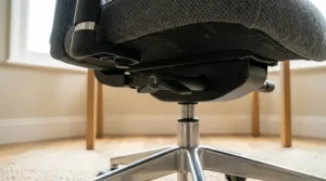 Side view illustration of a fabric office chair detailing the adjustable lumbar support for improved posture.