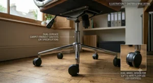 A low-angle view focusing on the polished chrome base and dual-surface carpet-friendly castors, including an inset close-up of an individual dual-wheel tyre designed for soft and hard floors.