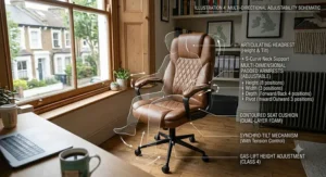 A full-view product schematic showing a transparent human silhouette sitting in the tan faux leather chair, with text labels indicating the adjustable armrests, neck support, and synchro-tilt mechanism.