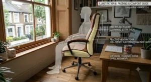 A side-profile diagram of a person sitting in the tan office chair, with a cross-section overlay showing the dual layers of reactive memory foam and high-density supportive foam cushioning inside the seat and backrest.