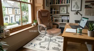 A wide technical overview illustration of a tan faux leather desk chair in a British home office, featuring overlaid text pointers and a blueprint floor mat detailing the padded headrest, diamond stitching, and chrome swivel base.