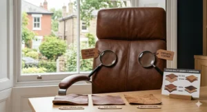Close-up detail of a premium full grain leather office chair, demonstrating the highest of the leather quality grades with natural imperfections and durable stitching.