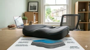 A detailed cross-section diagram showcasing the interior cooling gel layer and high-density memory foam structure of a top-rated comfort seat pad.