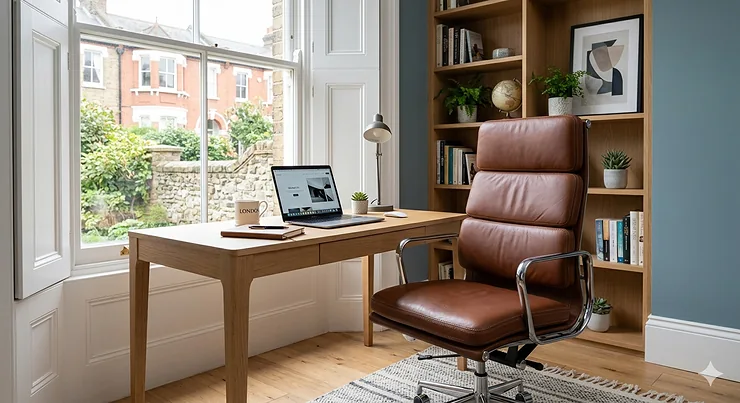 A luxurious genuine leather office chair in chestnut brown, showcasing the natural grain texture next to a synthetic alternative for a real leather vs faux leather comparison.