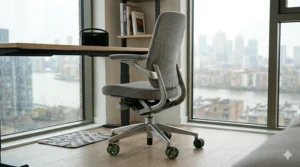 Front view of a fabric grey desk chair showing the five-star chrome base and durable castor wheels.