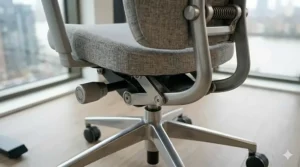 Demonstration of the 3D adjustable padded armrests on a grey office chair being lifted and turned.