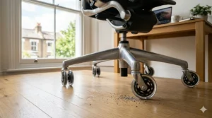 Polyurethane coated replacement office chair wheels rolling smoothly over dark walnut hardwood flooring without leaving marks or scratches.