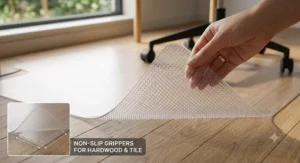 Heavy-duty chair mat with grippers to prevent movement on thick pile office carpet.
