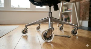 Close-up diagram of heavy-duty rollerblade chair wheels showing how the soft polyurethane outer edge protects delicate laminate flooring from scratches.