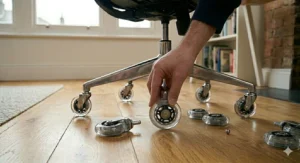 Diagram detailing the internal steel brackets and ball bearings of heavy-duty rollerblade office chair casters, showing maximum weight load capacity.