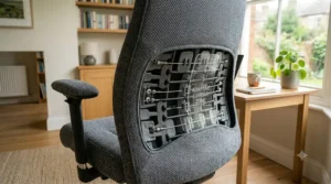 Graphic illustrating how to safely vacuum and spot-clean a fabric upholstered desk chair.