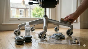 A close-up shot showing a grip ring stem being pushed into the socket of a chrome five-star chair base until it clicks securely.