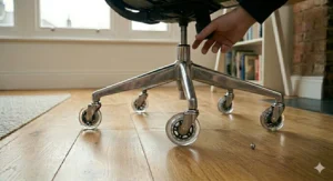 Step-by-step visual guide showing how to pull out old office chair casters and push in new rollerblade-style wheels without using tools.