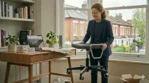 The woman smiling as she holds the fully reassembled office chair upright, checking that the wheel base and new gas lift are securely fitted.